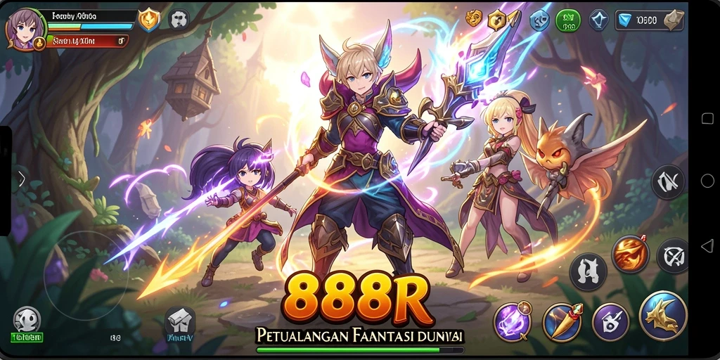 Screenshot gameplay seru 888R dengan pertarungan karakter Anime.