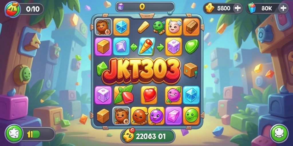 Screenshot utama JKT303 menampilkan gameplay seru dengan permata yang berwarna-warni.