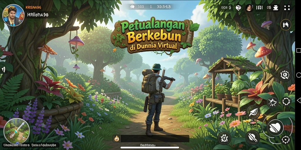 Tampilan gameplay KRISNA96 dengan ladang dan tanaman berwarna-warni.