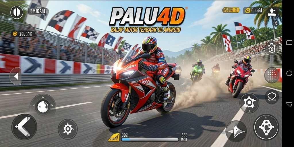 Tampilan gameplay seru dari PALU4D saat balapan motor di trek menantang.