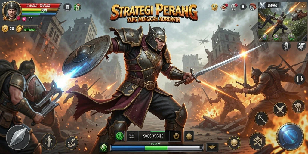 Screenshot utama SM605 menampilkan battlefield dengan taktik perang yang epik.